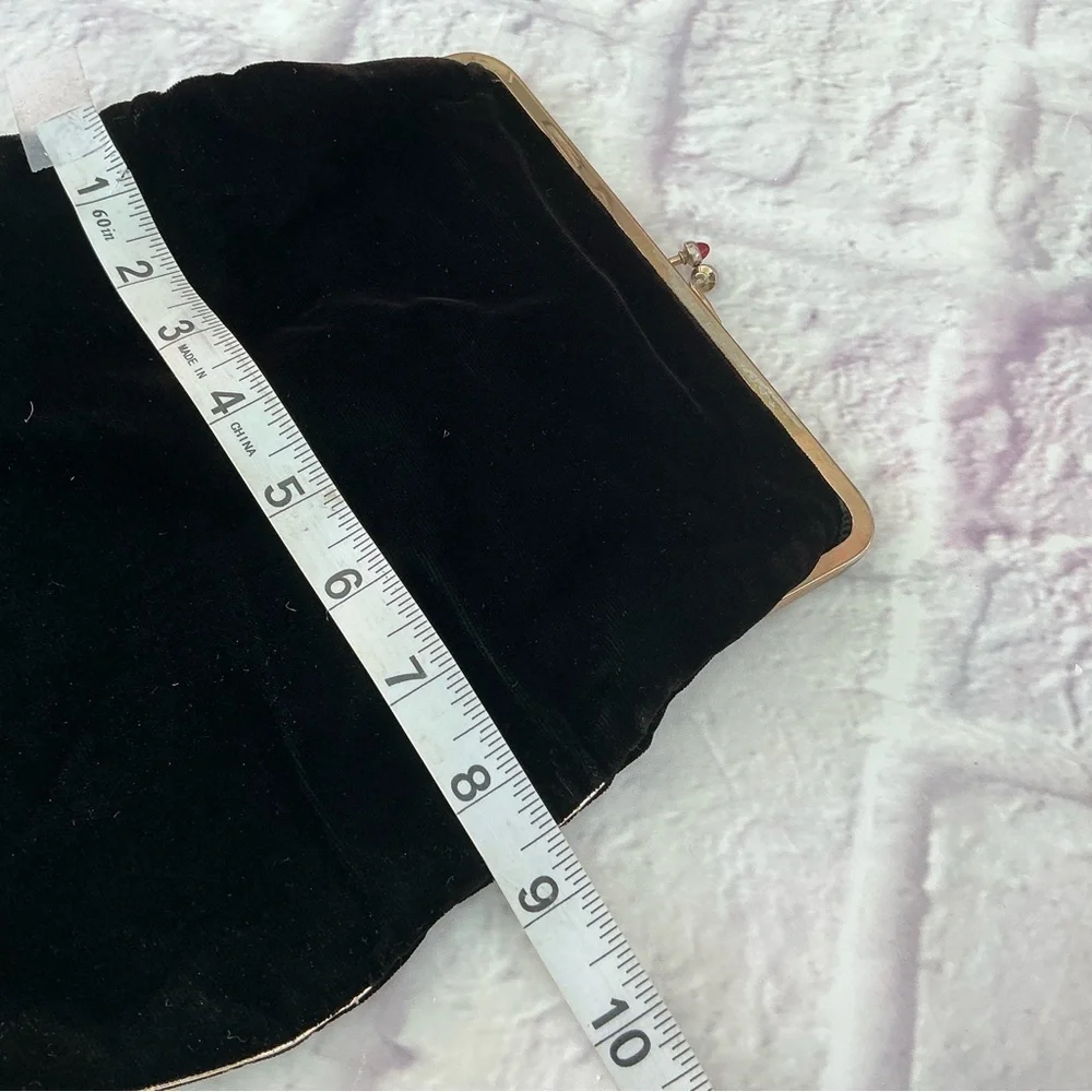 Black Velvet Fold Over Clutch Purse Clasp Red Rein Stone Tips